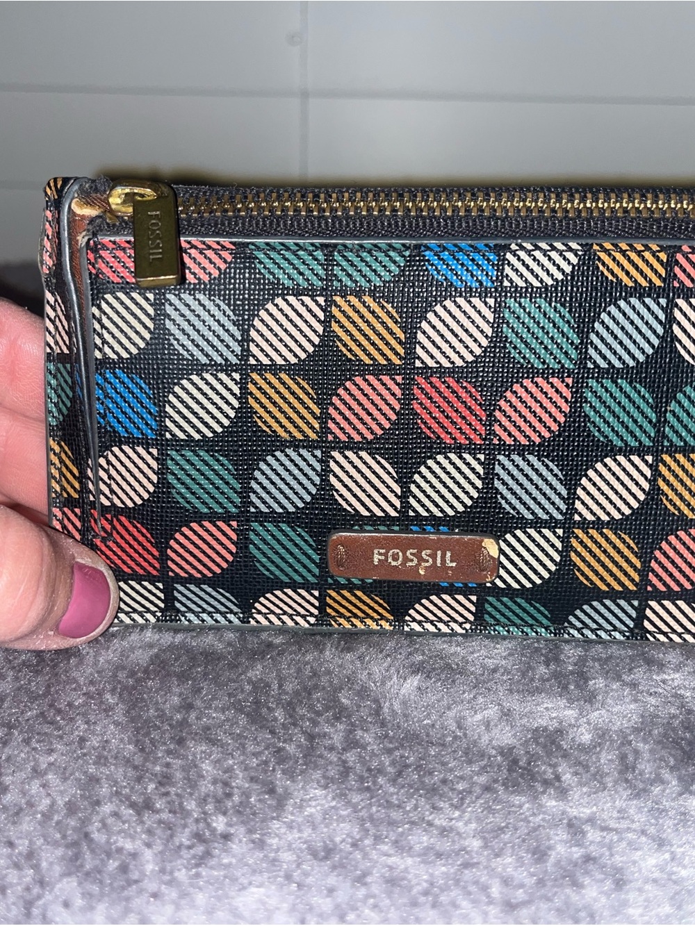 Fossil Black Wallet with Multicolor Geometric Leaf Print